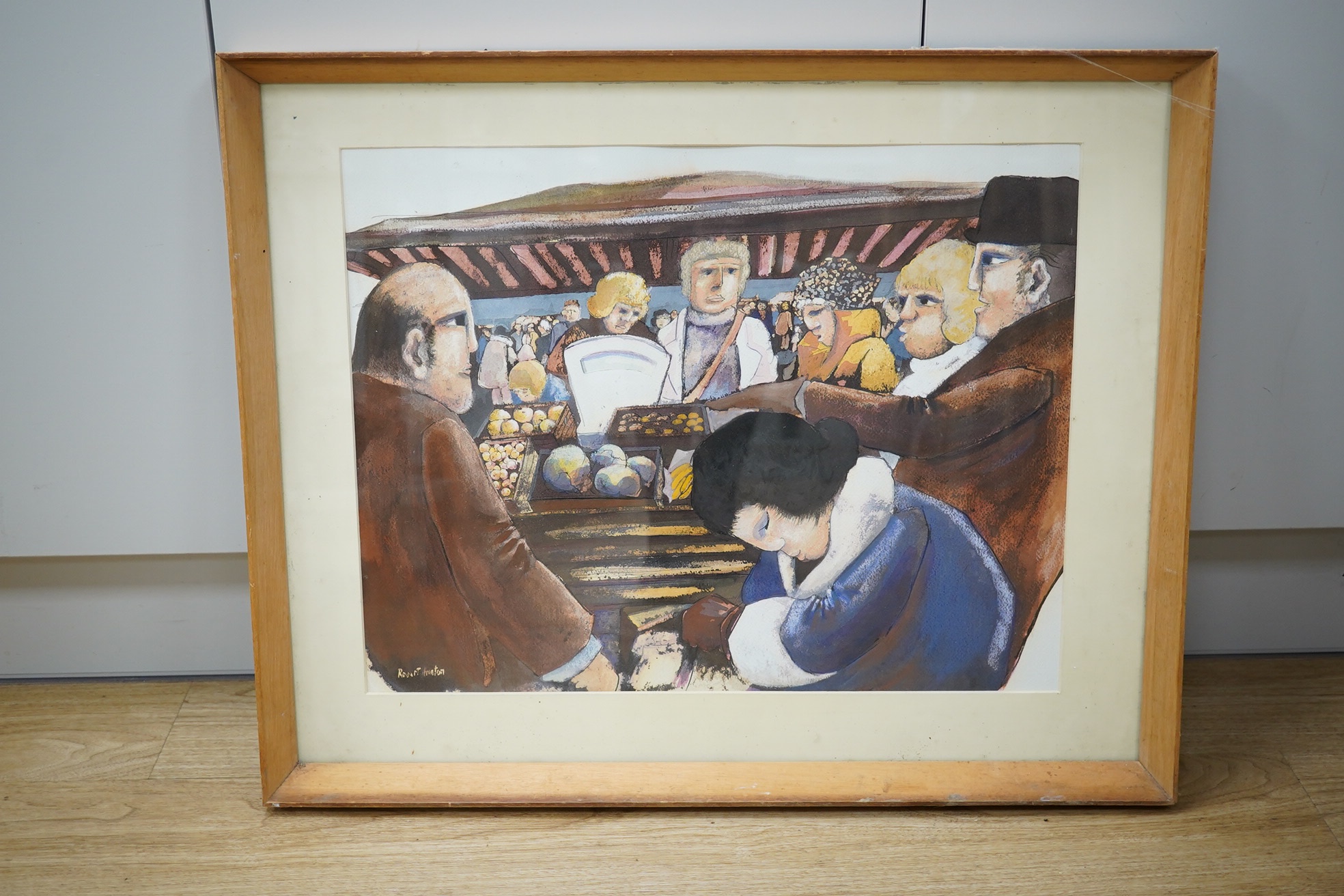 Robert Hinton?, watercolour mixed media, Market Sellers, signed, 40 x 52cm. Condition - fair